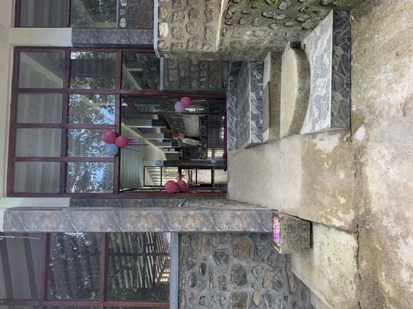 Resort entrance with stone walls